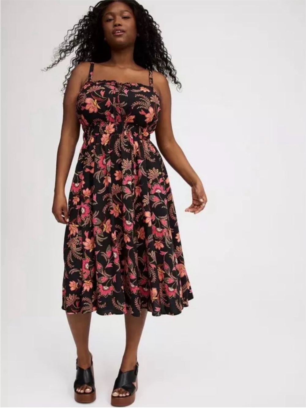 Torrid A Line Floral Vintage Waist Tie Tea Midi Dress 00 Large